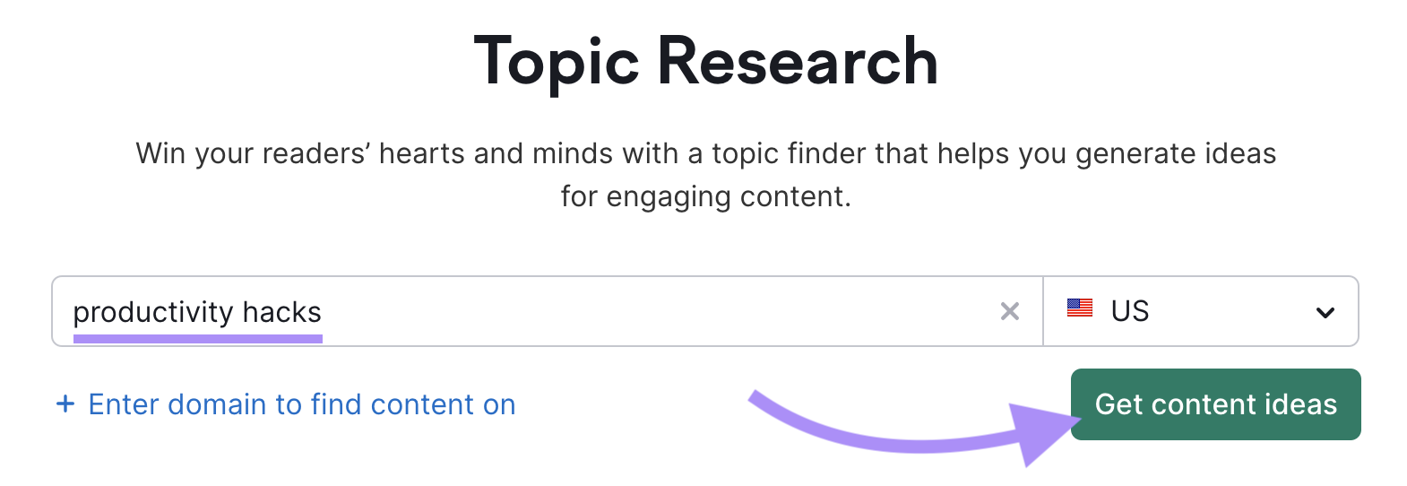 "hacks de produtividade" inseridos na barra de pesquisa da ferramenta Topic Research