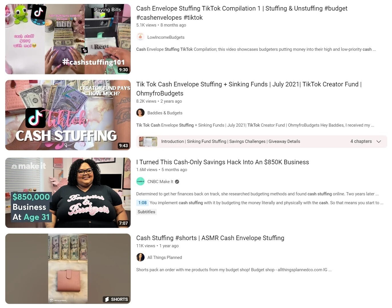 Vidéos YouTube sur le thème du "cash stuffing