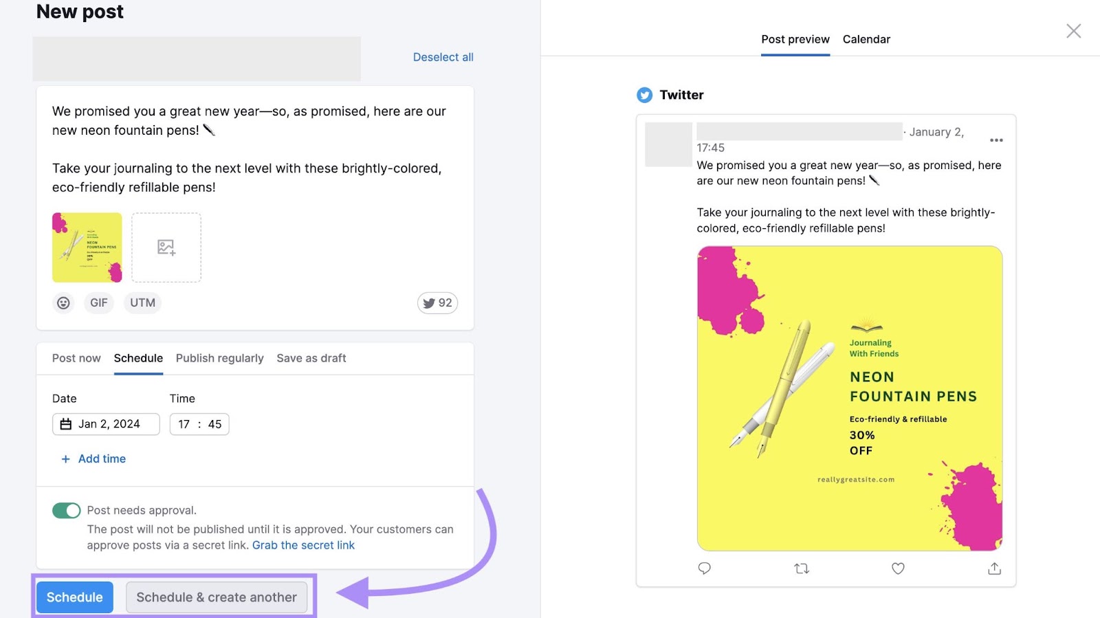 Post builder (esquerda) e visualização (direita)