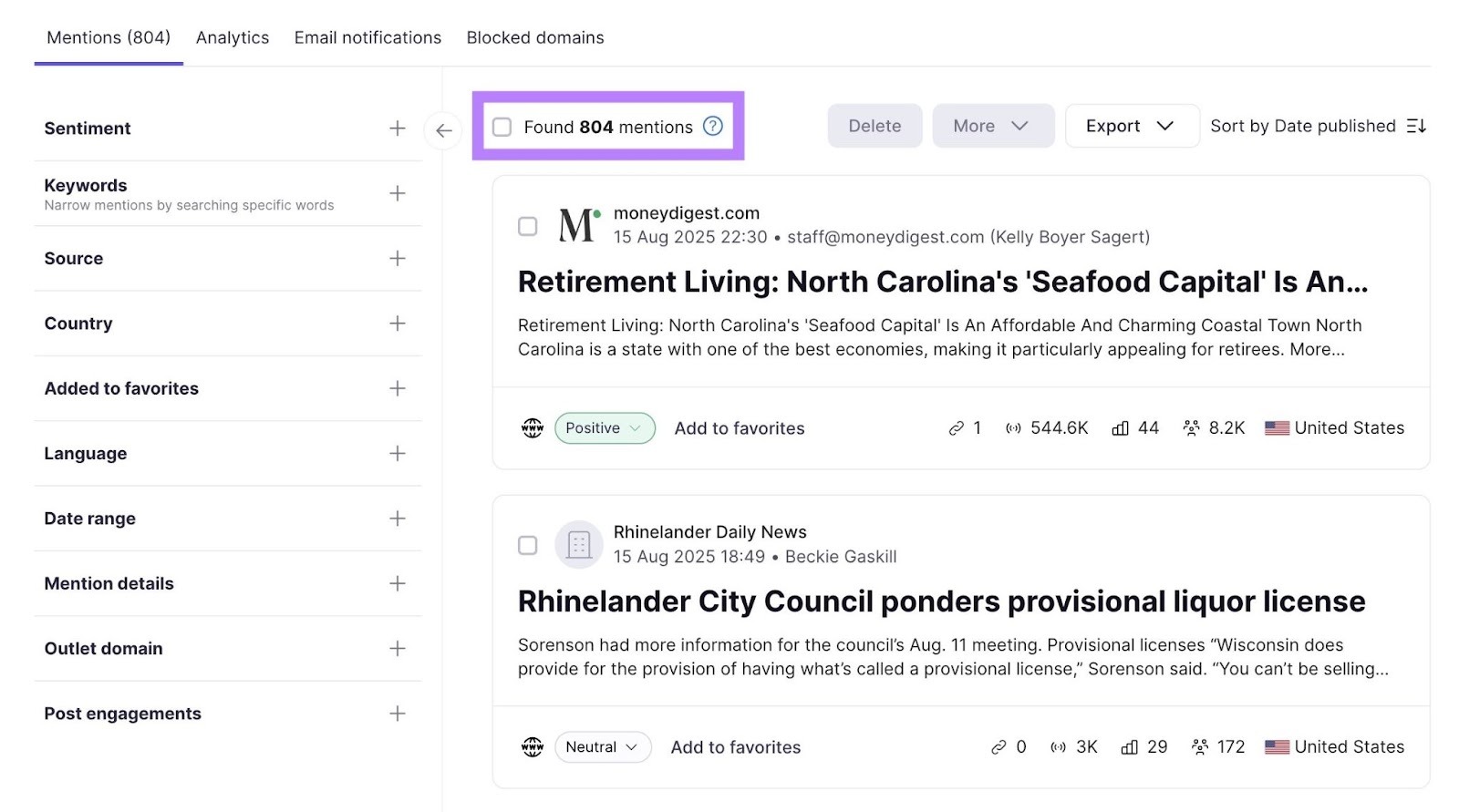 L'onglet "Mentions" de l'outil de surveillance de marque de Semrush.