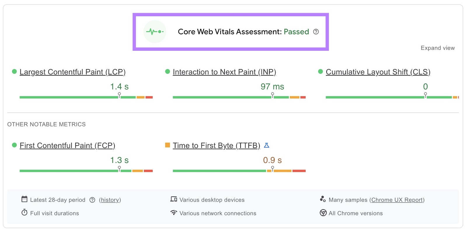 Der Core Web Vitals Assessment-Bericht für eine Domain auf Googles PageSpeed Insights.