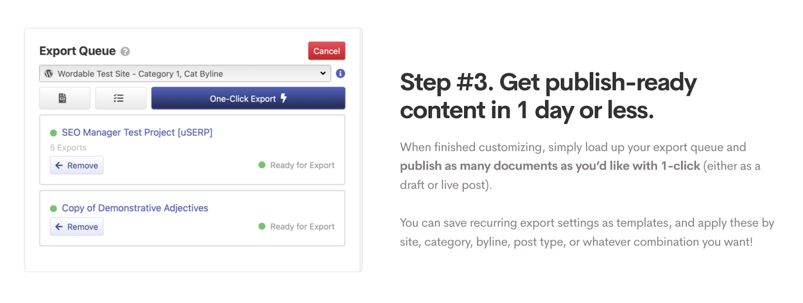 Cola de exportación Wordable con dos blogs listos para enviar de Google Docs a WordPress.