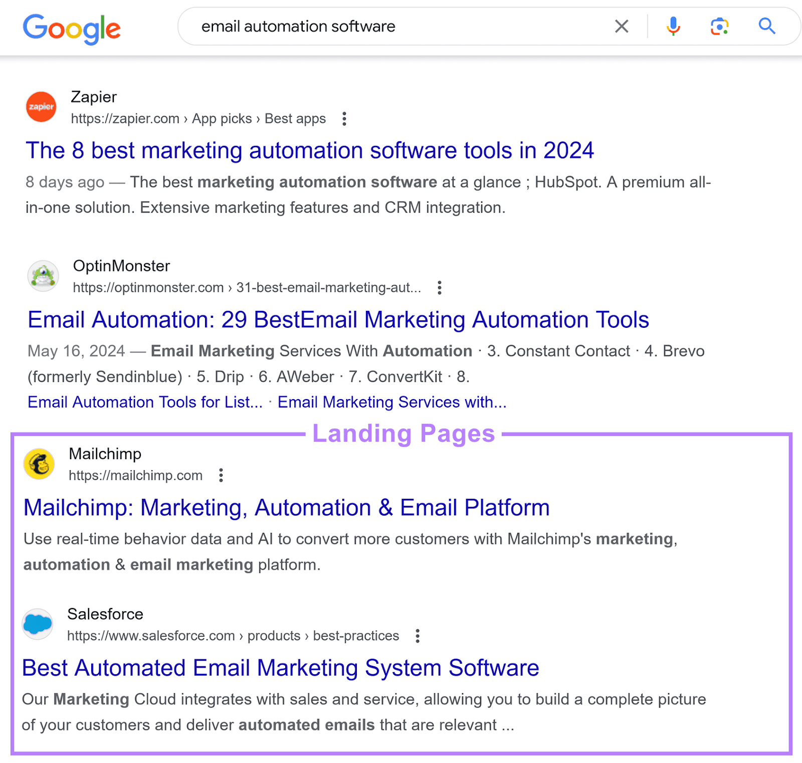 Page de résultats de recherche Google, affichant deux pages surlignées dans une section « Pages de destination ».