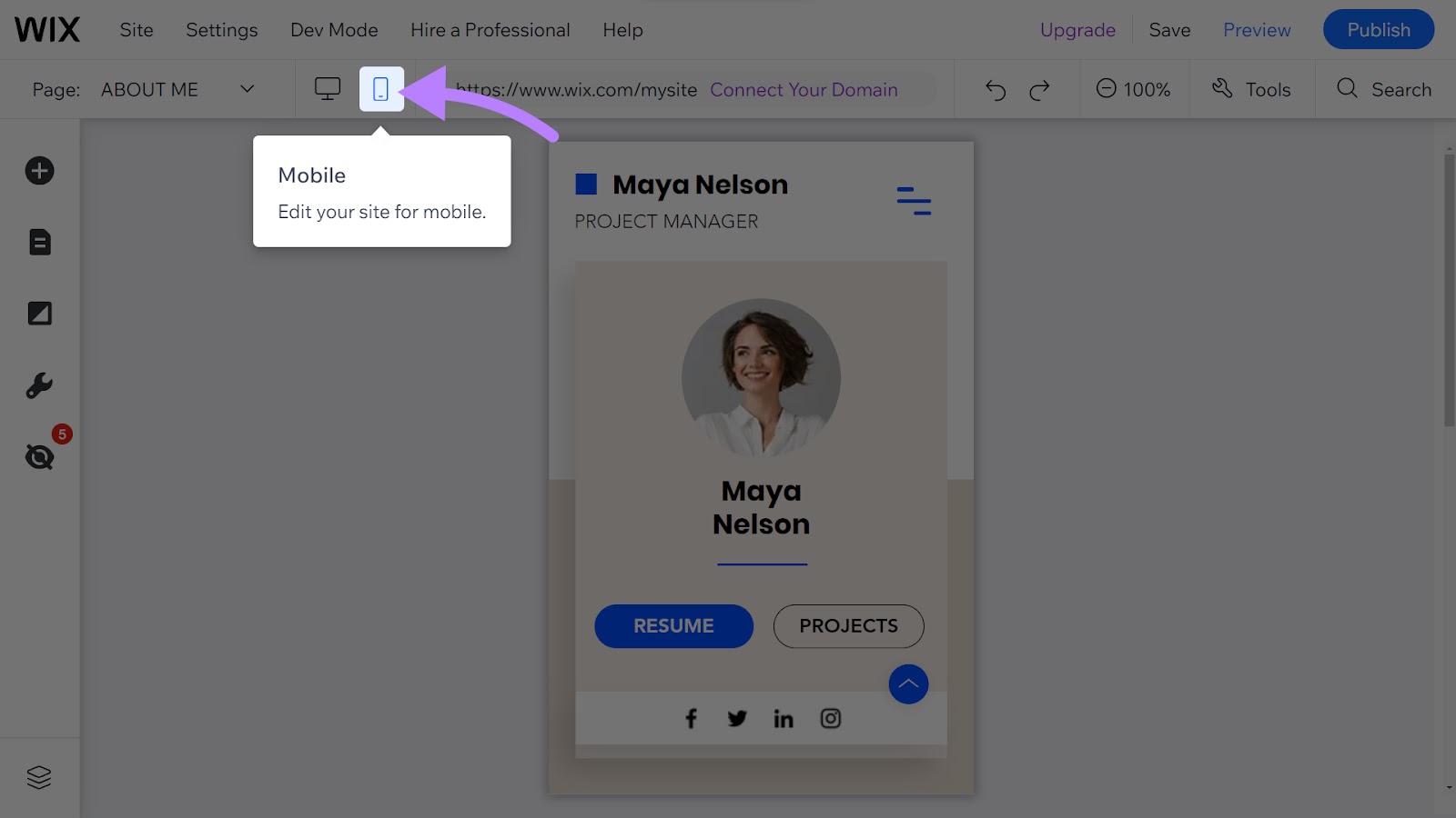 mobile icon in the top bar of the Wix editor interface