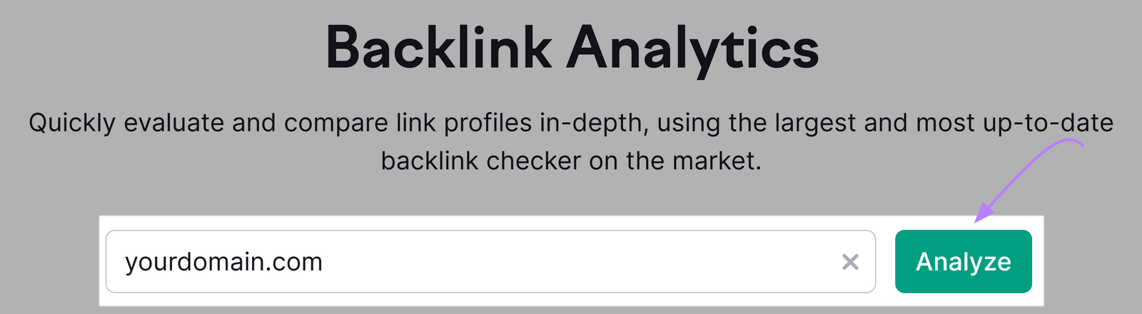 screenshot dello strumento Backlinks con "yourdomain.com" nella barra di ricerca