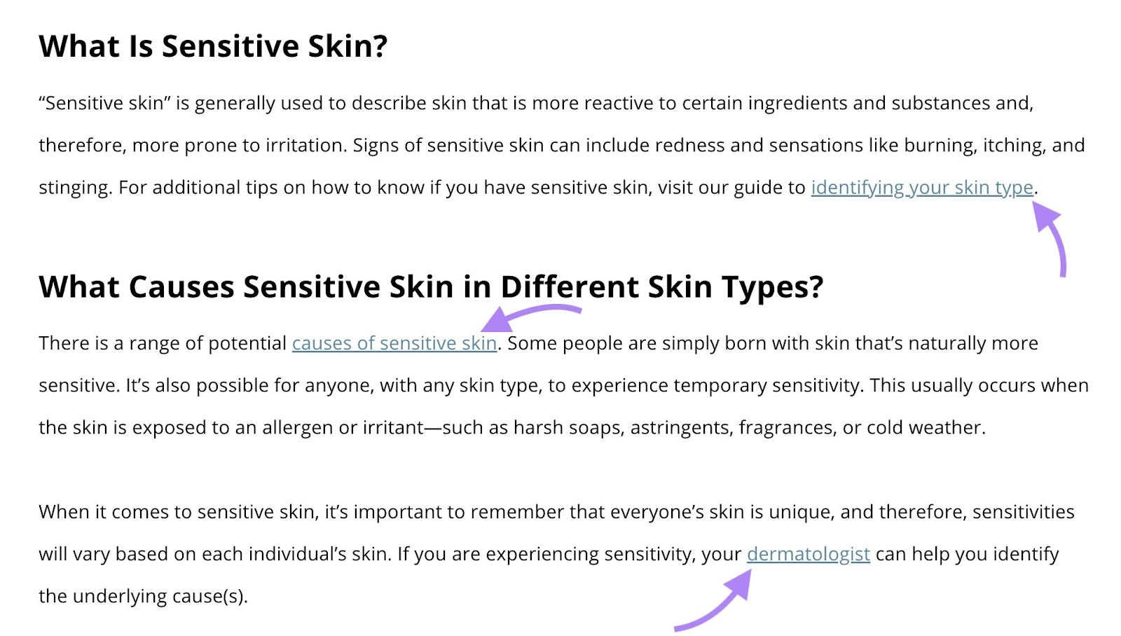 A blog post by CeraVe with multiple internal links with relevant anchor text.
