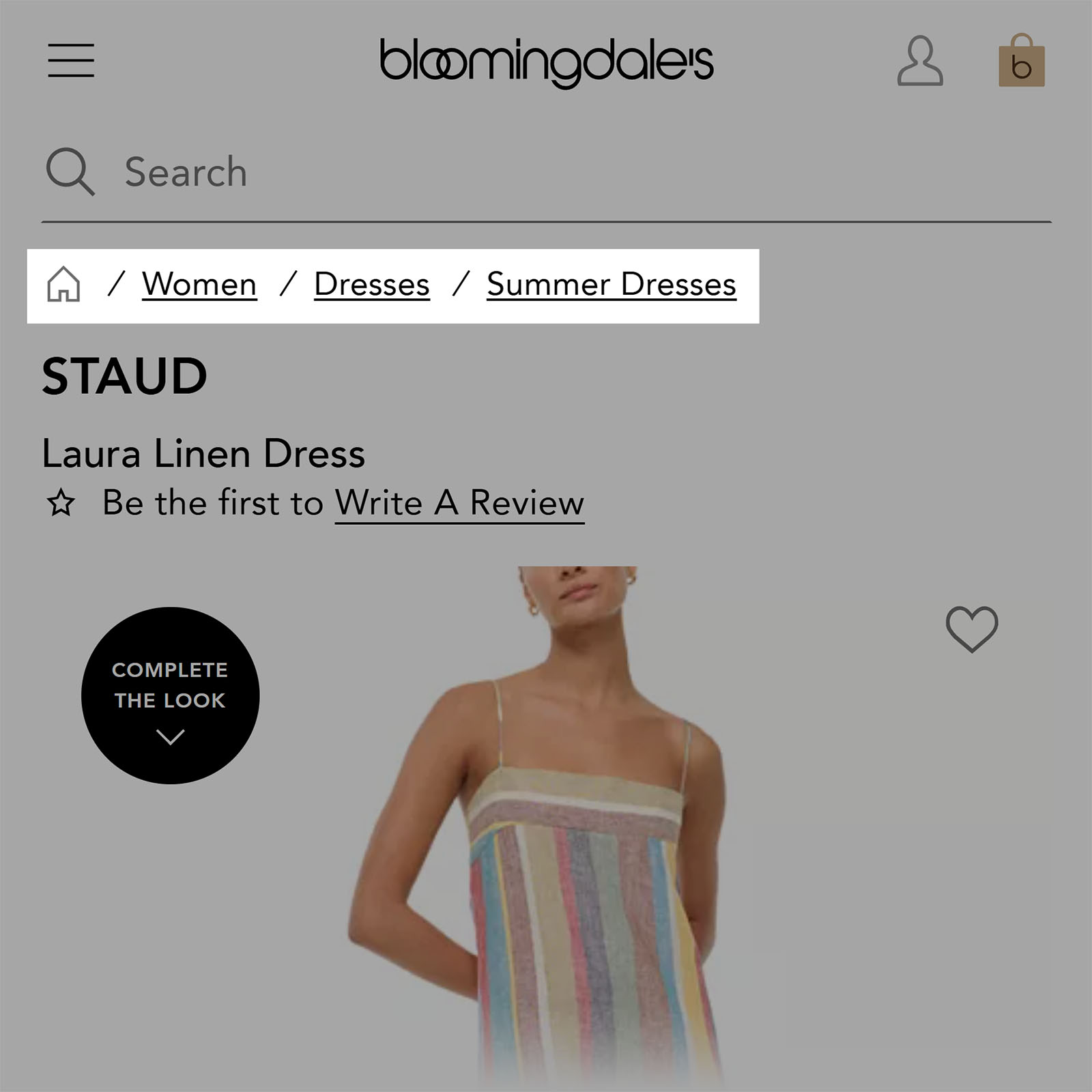 Bloomingdale’s mobile page with breadcrumb trail showing Women > Dresses > Summer Dresses above a product listing.