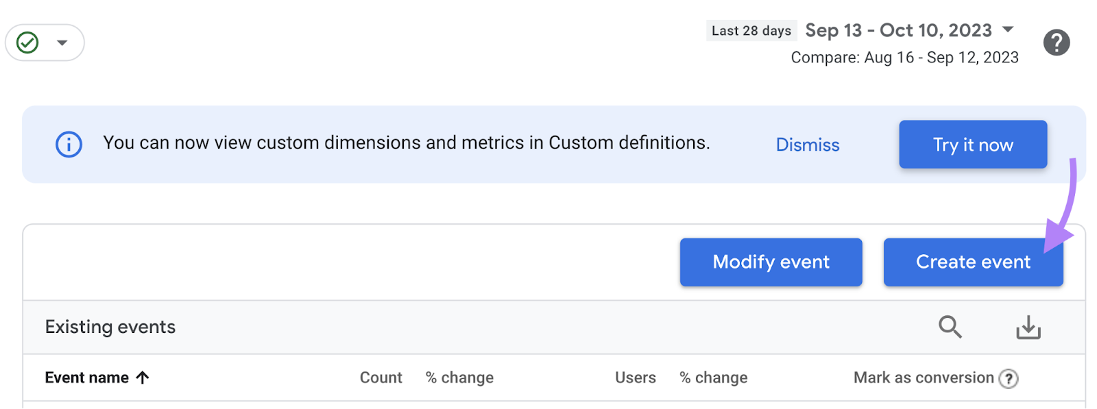 Bouton "Créer un événement" mis en évidence dans le GA4