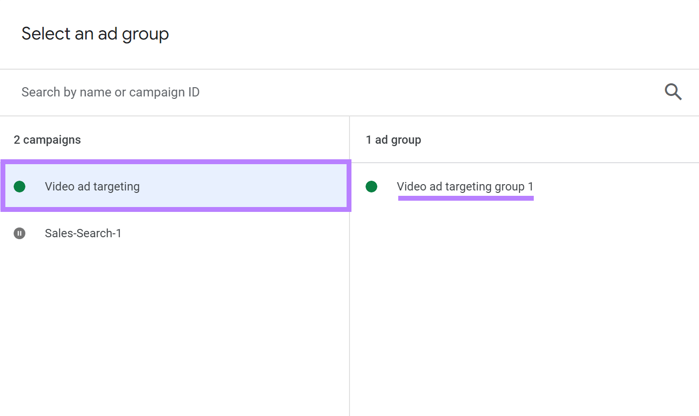 Die Kampagne „Videoanzeigen-Targeting“ und die „Videoanzeigen-Targetinggruppe 1“ wurden im Dashboard ausgewählt.