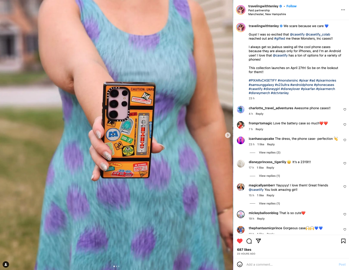 Un ejemplo de publicación de un influencer en Instagram promocionando CASETiFY