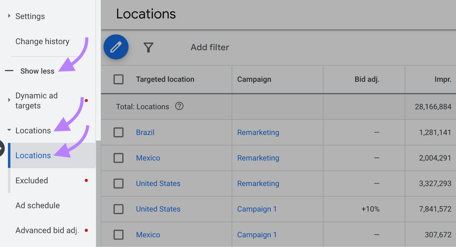 navegação para o botão “Locais” no menu à esquerda