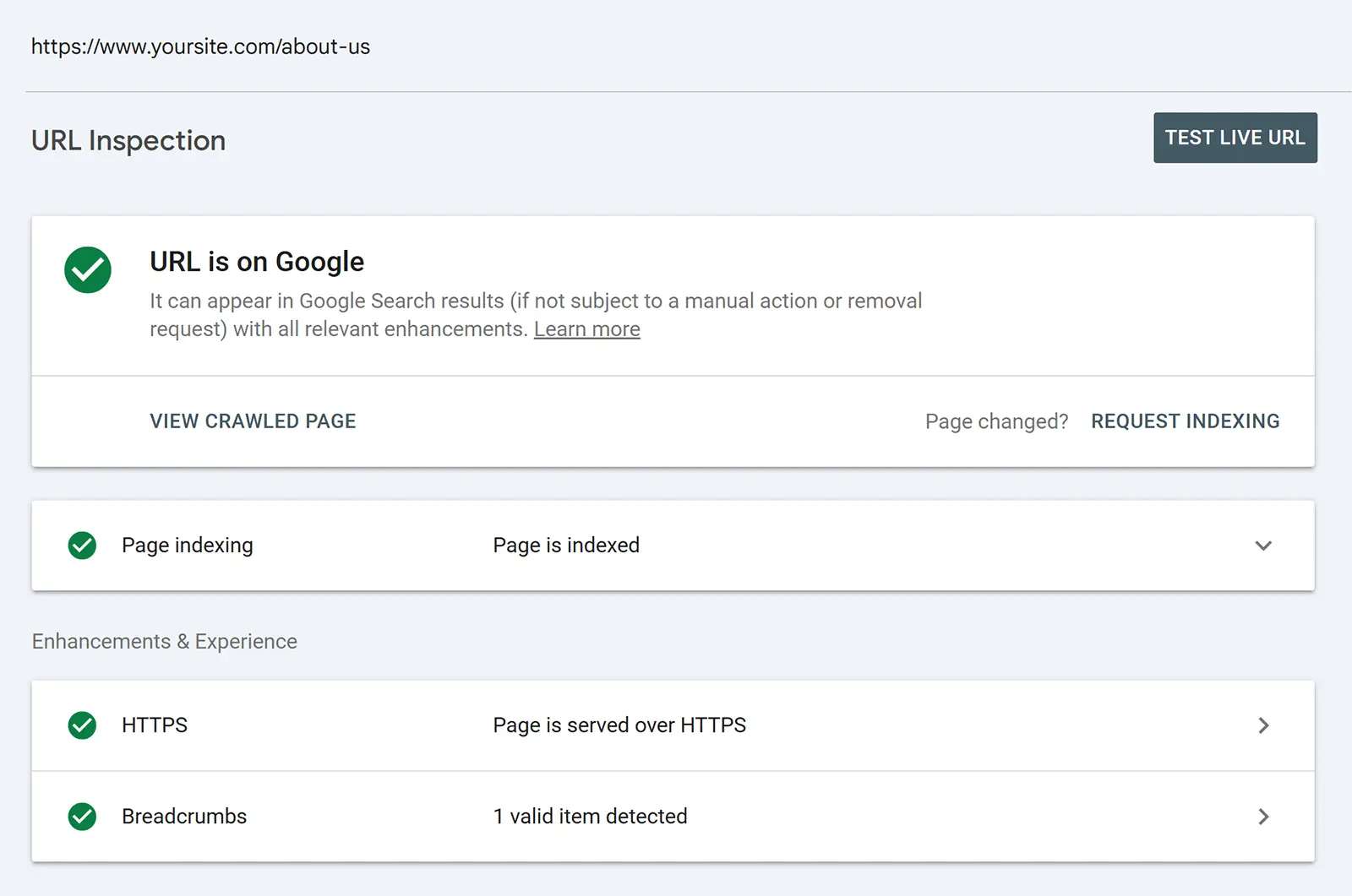 Google Search Console URL Inspection showing an About Us page is indexed and served over HTTPS