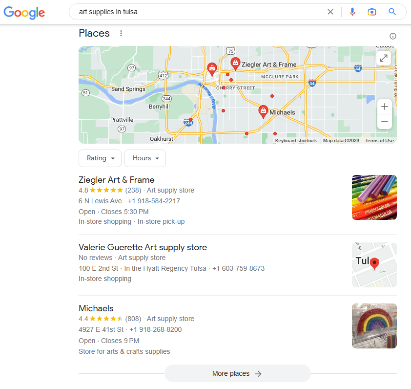 Google results for "art supplies in tulsa."