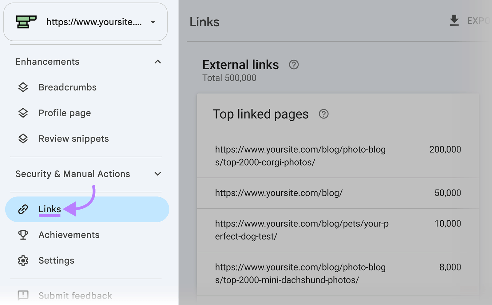Google Search Console navigation with the Links report highlighted alongside a list of top linked pages
