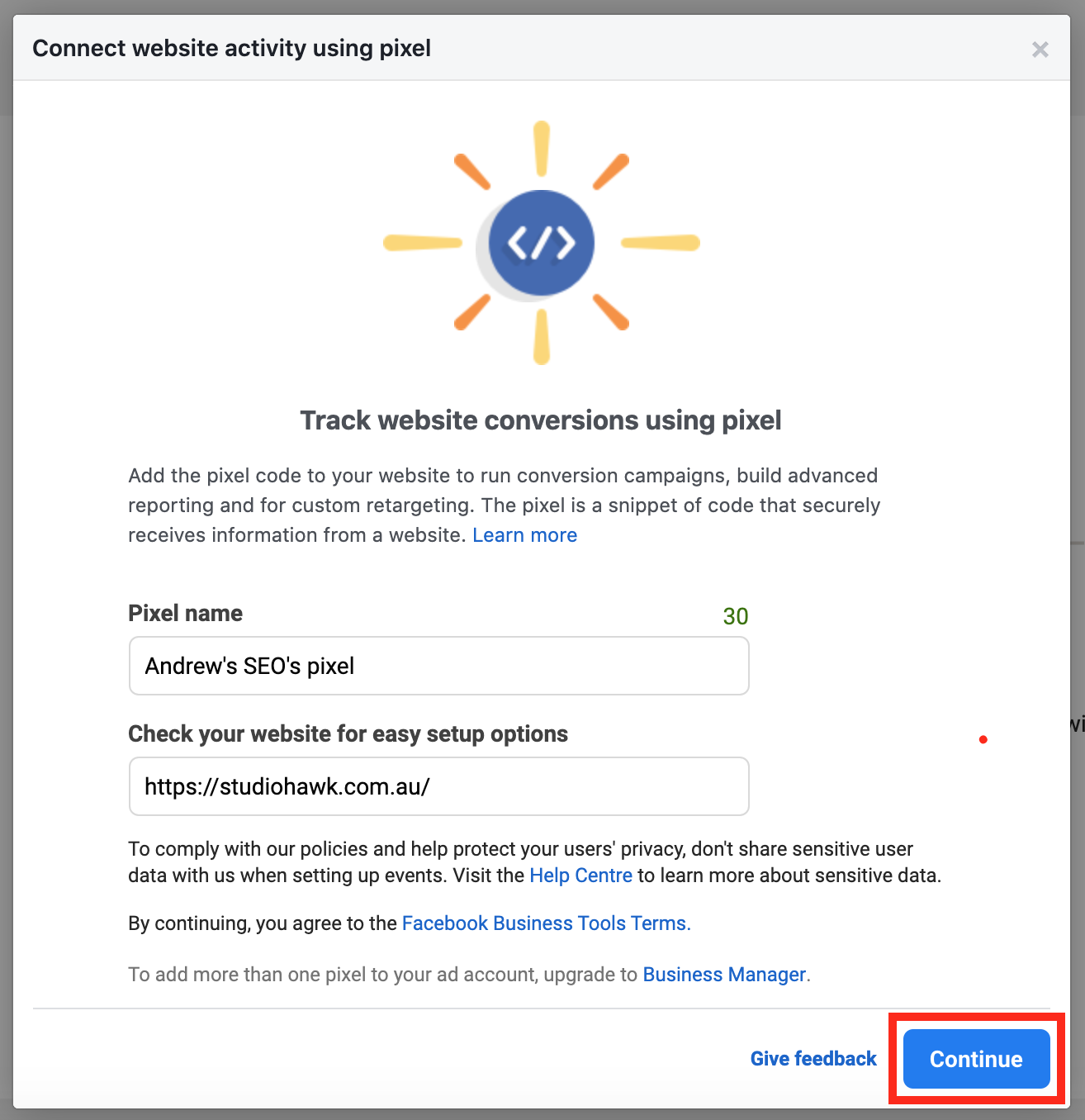 Página "Seguimiento de la conversión del sitio web mediante píxel" en Facebook