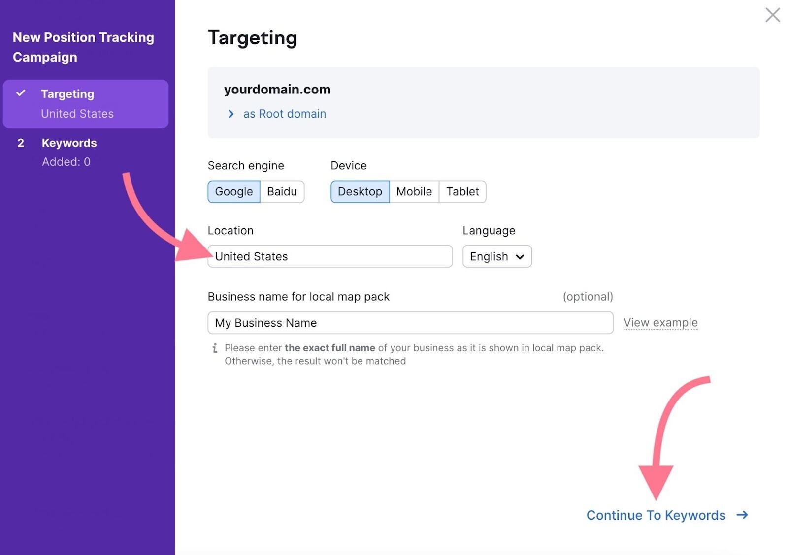 Continuar al botón de Palabras Clave