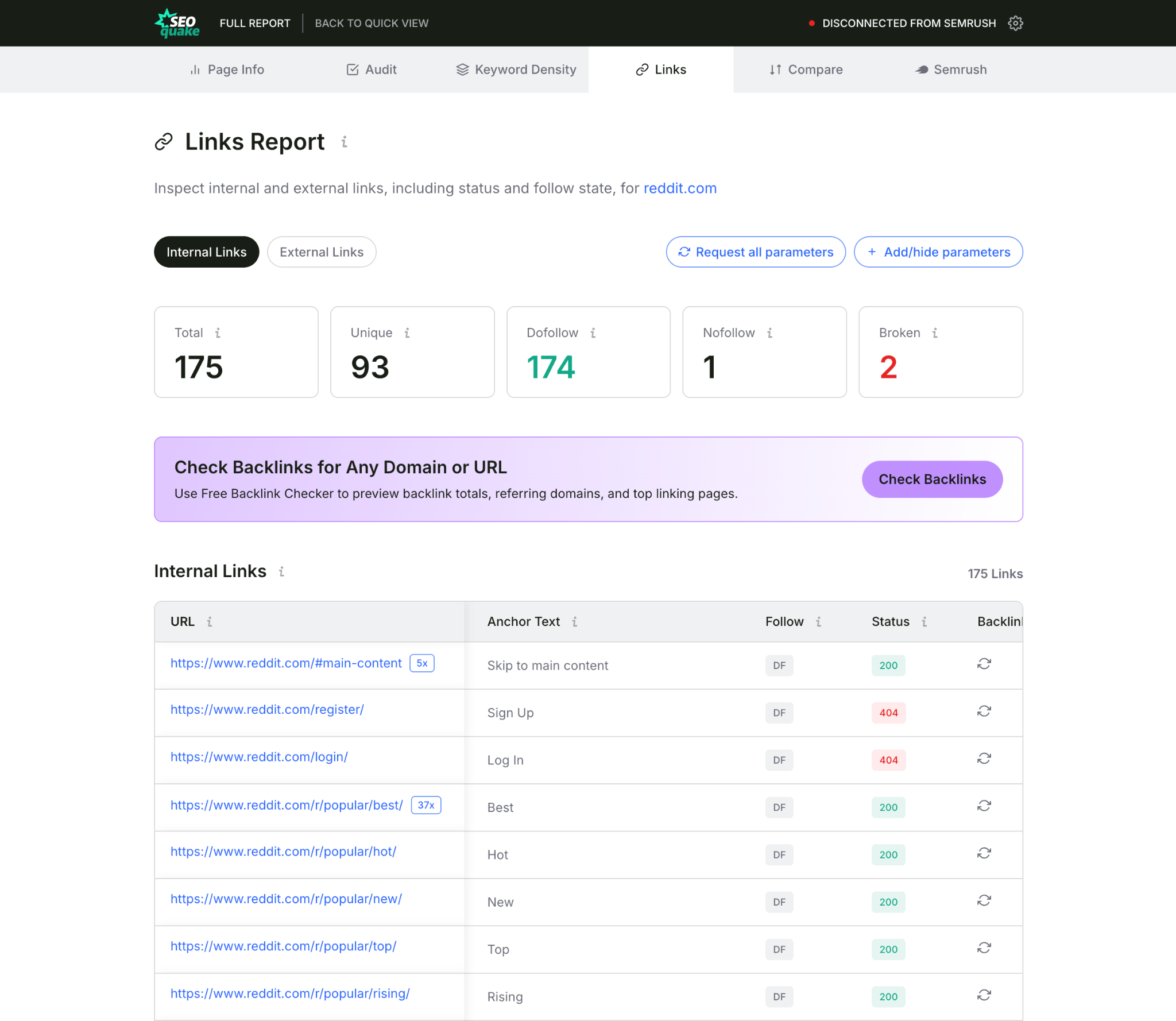 SEOquake links tab