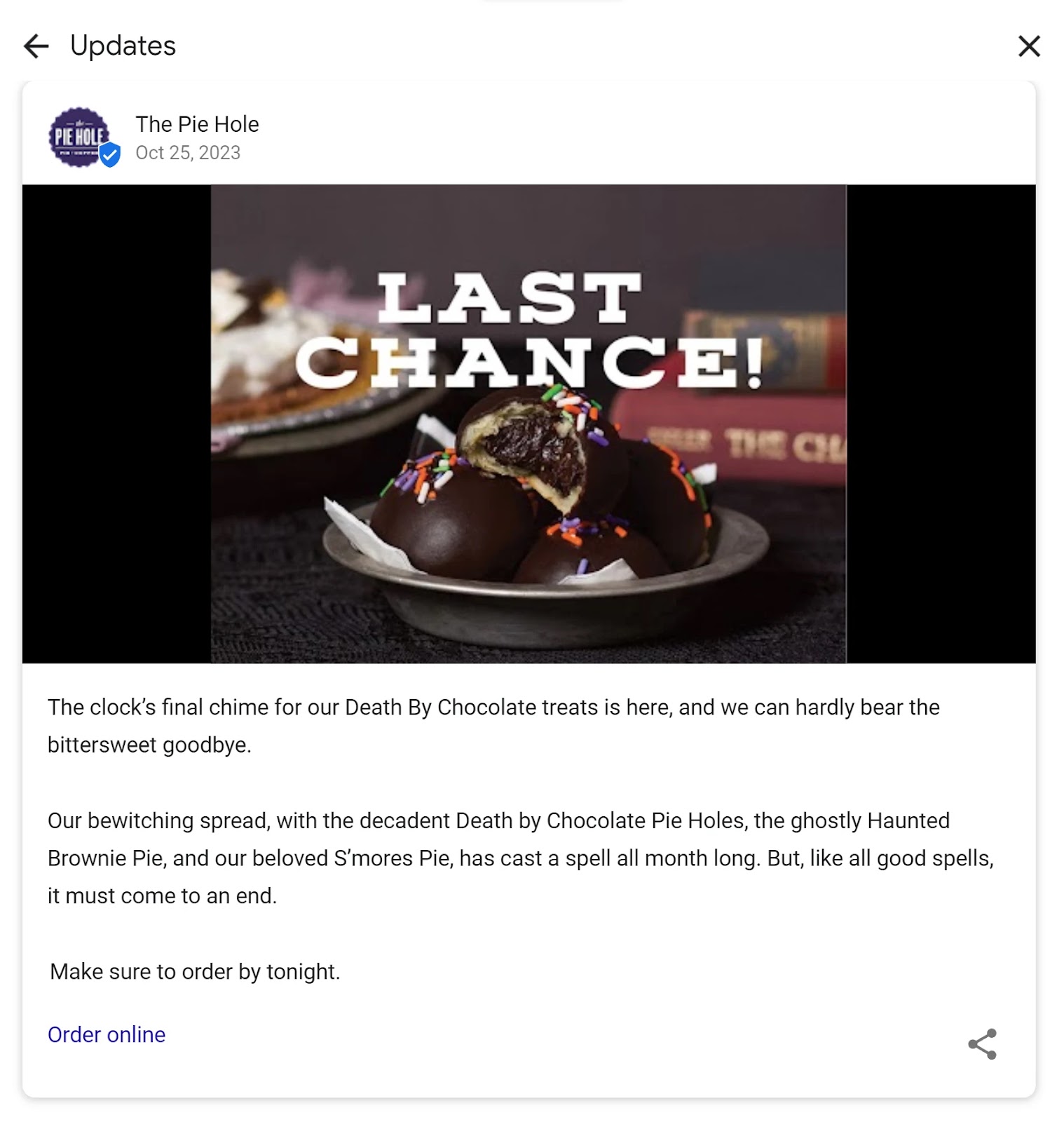 Angebot für das Google-Unternehmensprofil von The Pie Hole