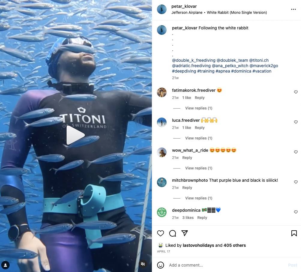 Vídeo de apnea de Petar Klovar en Instagram a la izquierda y comentarios a la derecha