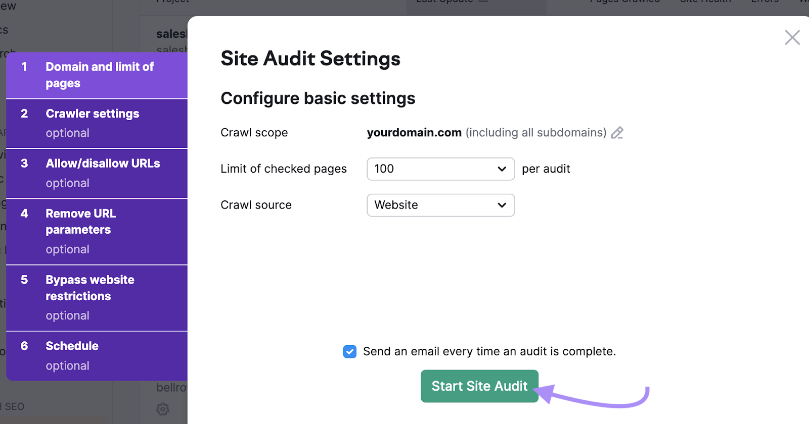 "Página de Configuración de la Auditoría del Sitio