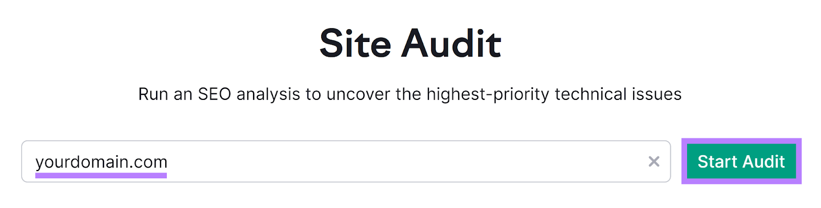Avvio di Site Audit con il dominio inserito e il pulsante Avvia audit evidenziato