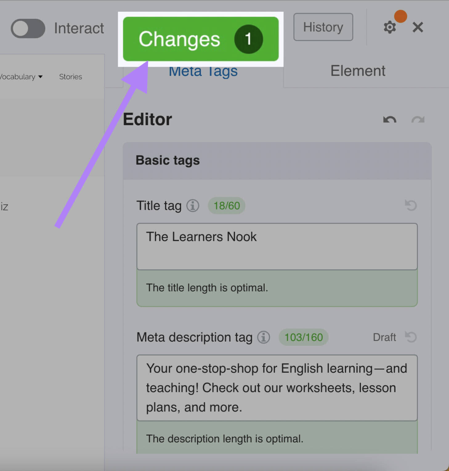 bouton vert "Changes"