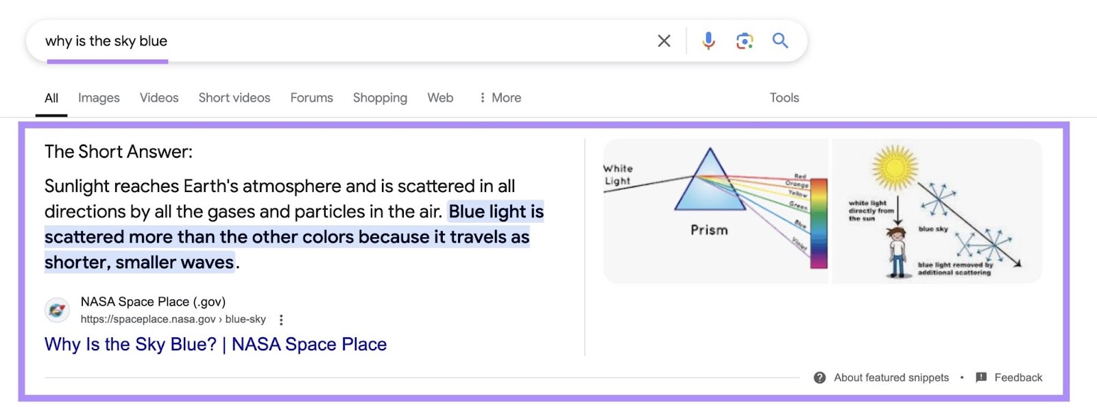 Google SERP con lo snippet in primo piano evidenziato per il termine "Perché il cielo è blu."
