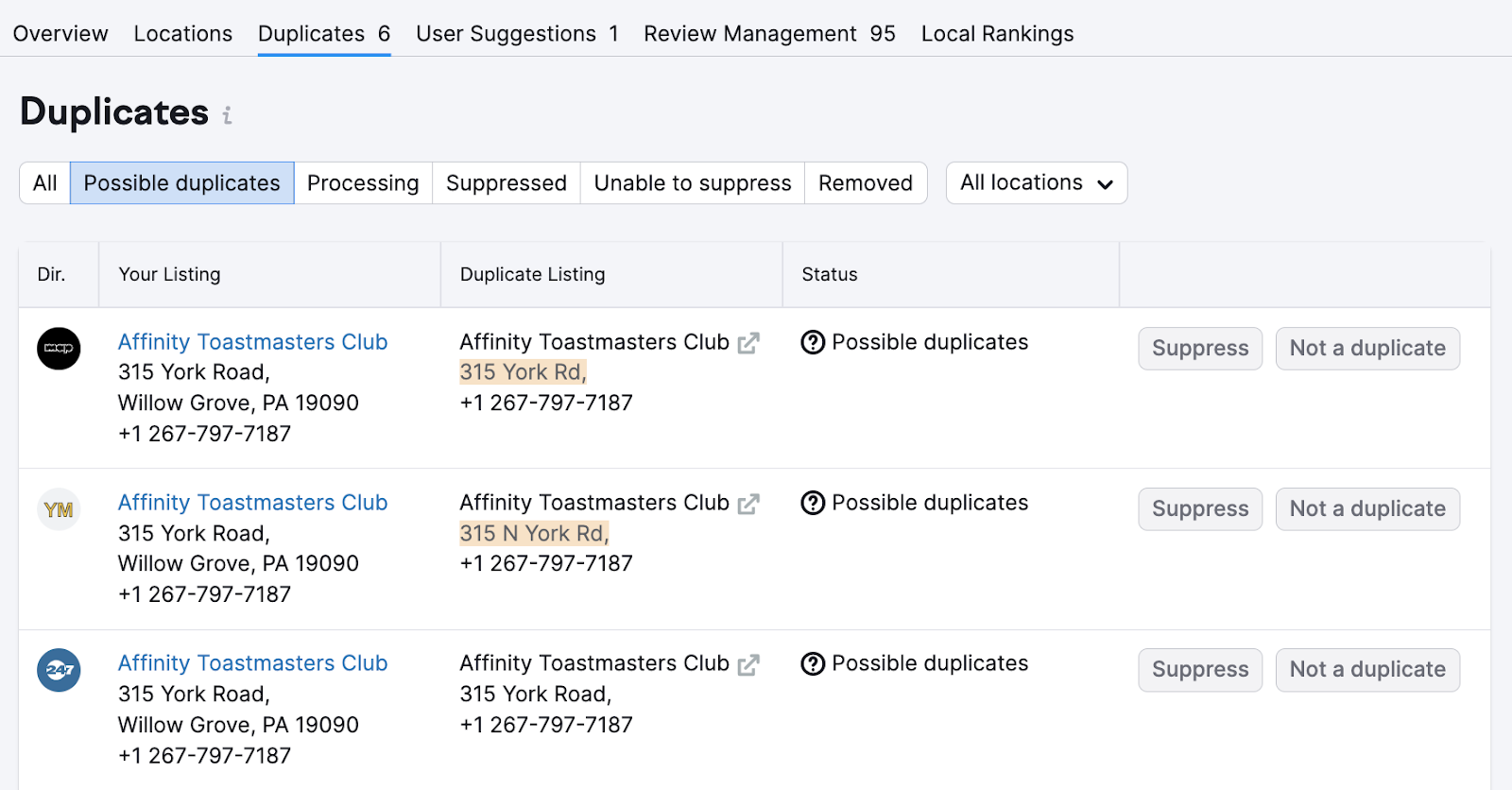Possible duplicates detected by Listing Management.