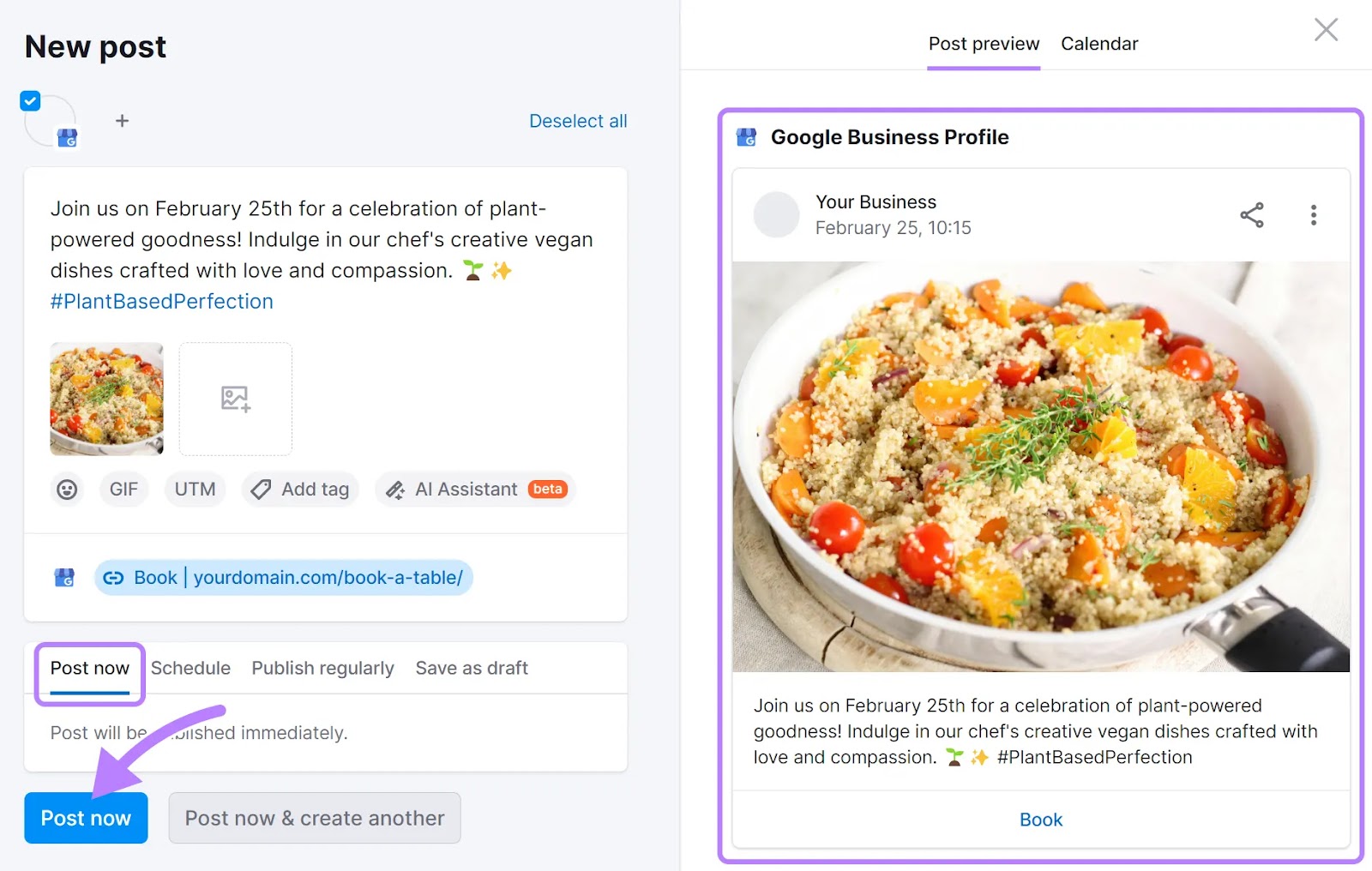 Fenster „Neuer Beitrag“ (links) und „Beitragsvorschau“ (rechts) im Social Poster-Tool