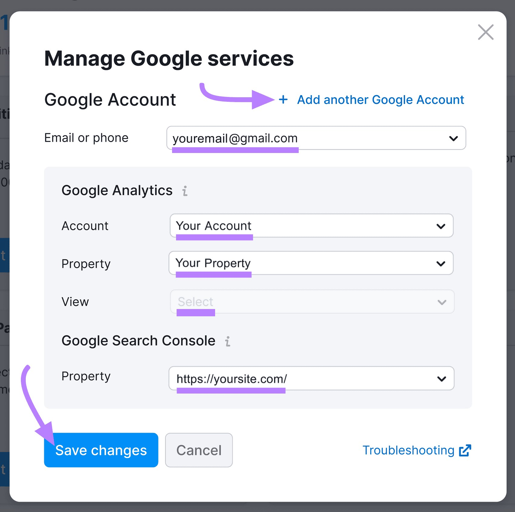 "Cuadro de diálogo "Administrar servicios de Google
