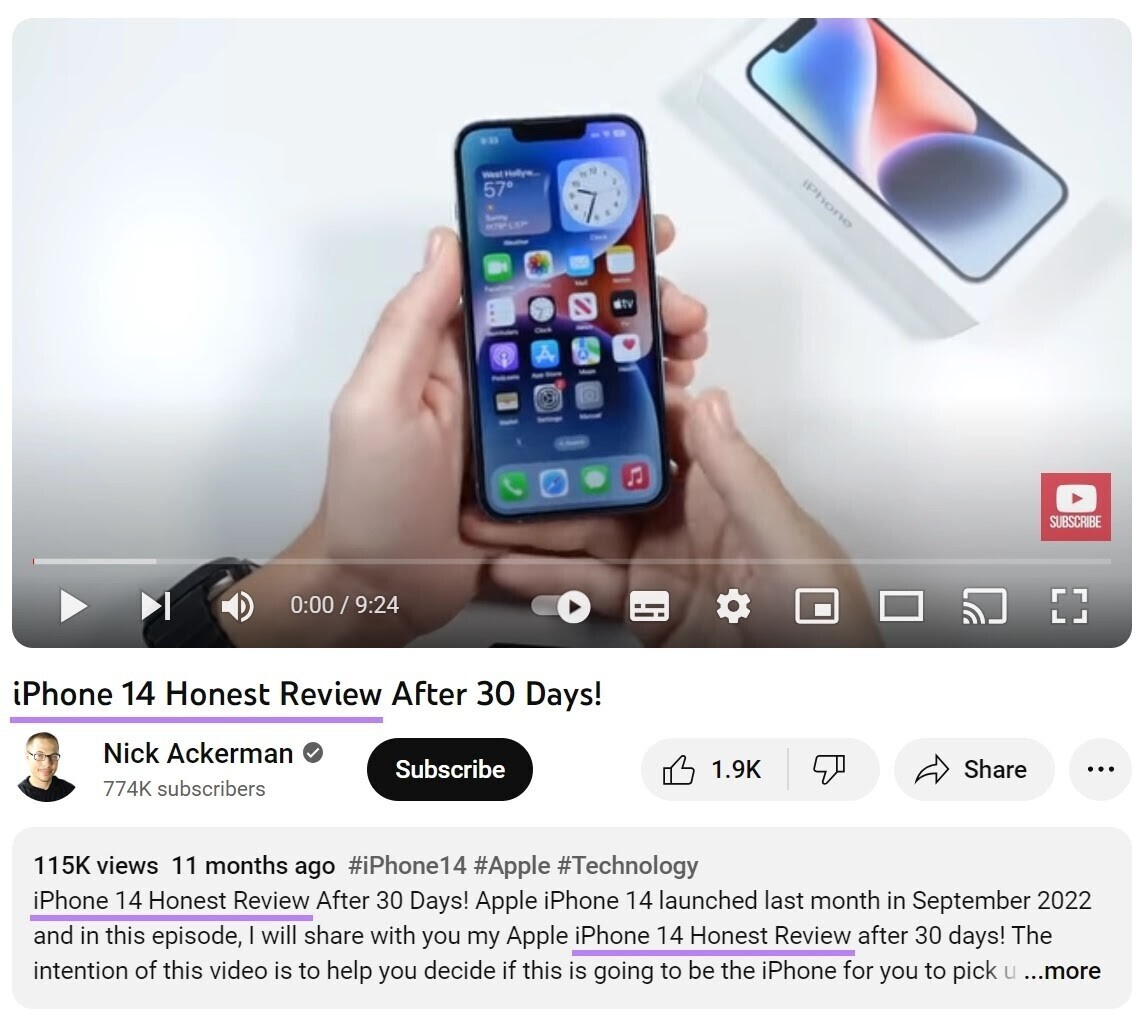 Vidéo YouTube de Nick Ackerman intitulée "iPhone 14 Honest Review After 30 Days !" (Critique honnête de l'iPhone 14 après 30 jours).