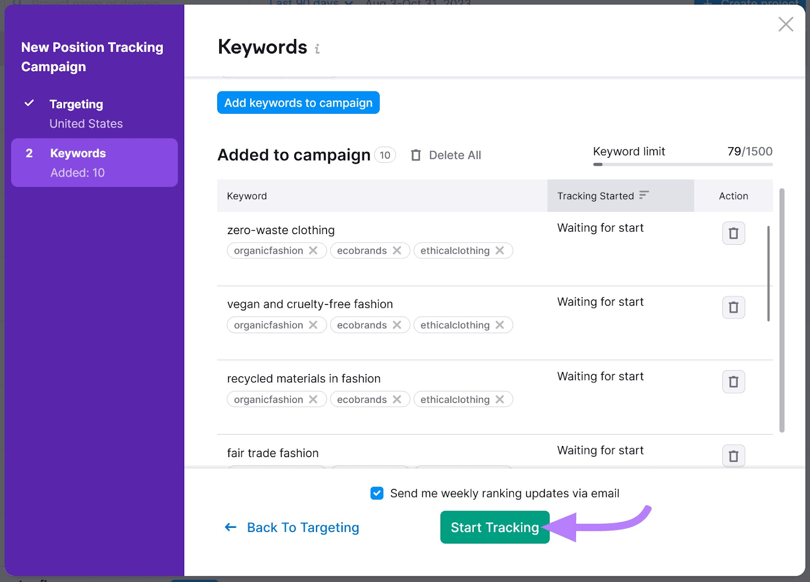 Botón "Iniciar seguimiento" seleccionado en la parte inferior de la pantalla "Palabras clave".
