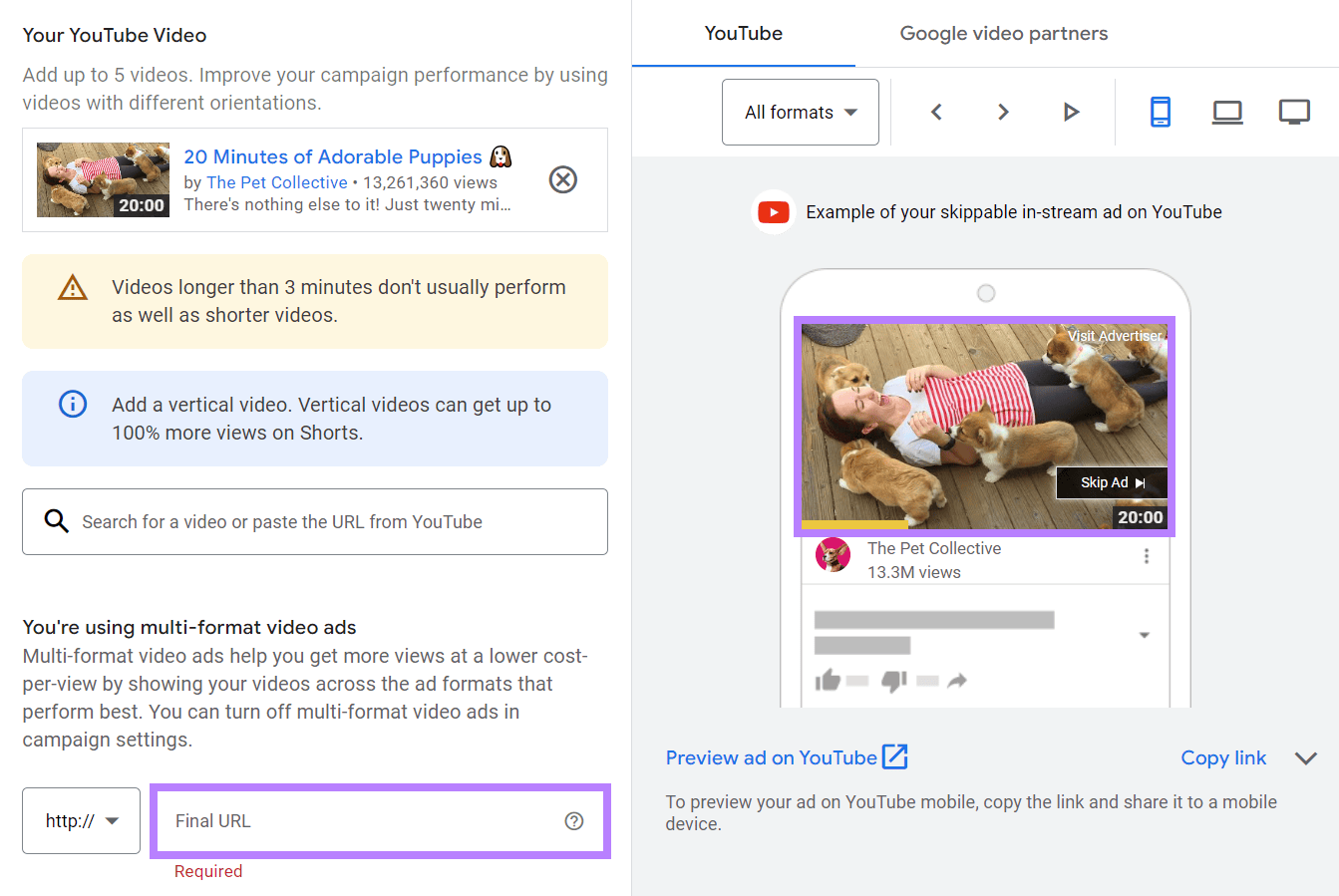 YouTube-Video zur Google Ads-Kampagne hinzugefügt