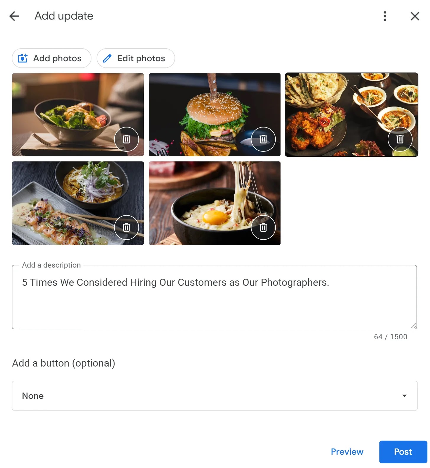 Erstellung eines GBP-Updates mit UGC und einer Beschreibung, die lautet: „5 Mal, als wir überlegt haben, unsere Kunden als Fotografen zu engagieren“