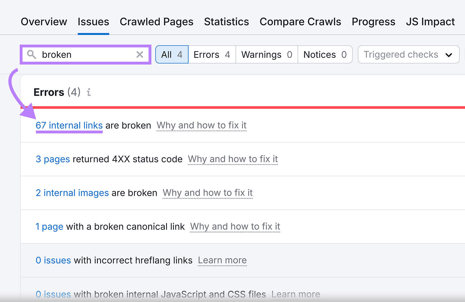 Site Audit Issues tab with 'broken' in search box and arrow pointing to 67 internal links are broken error