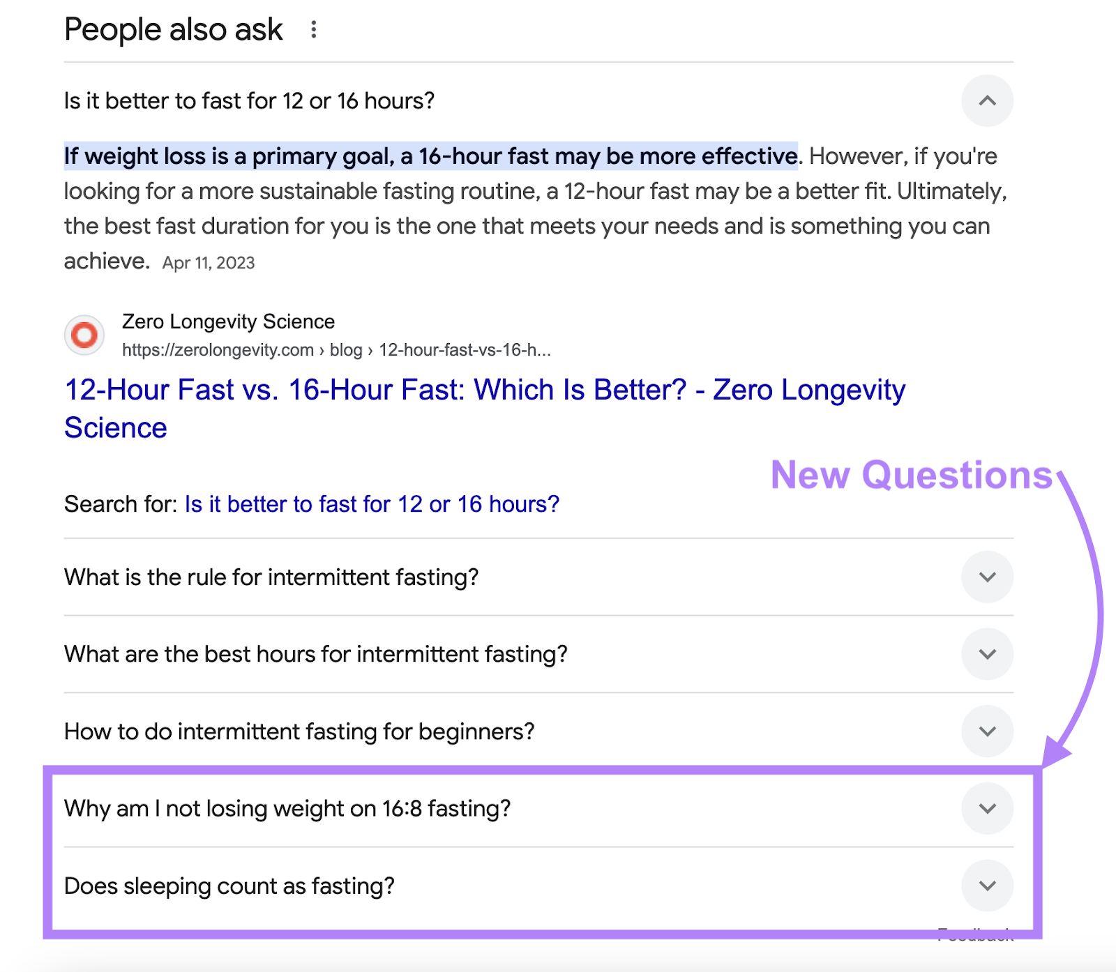 Uma pergunta foi aberta e duas novas perguntas foram destacadas na parte inferior da caixa "As pessoas também perguntam".