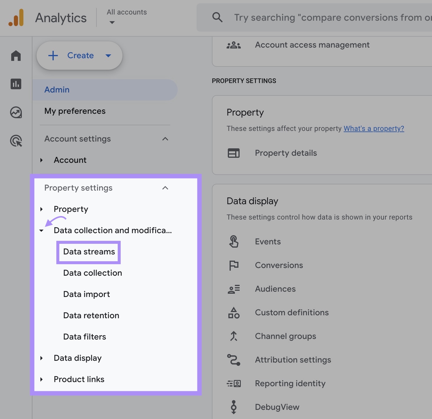 Ventana emergente "Configuración de la propiedad" en GA4 admin