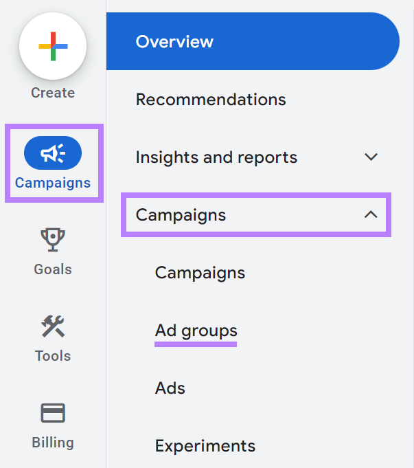 Navigieren Sie in Ihrem Google Ads-Konto zu „Anzeigengruppen“.