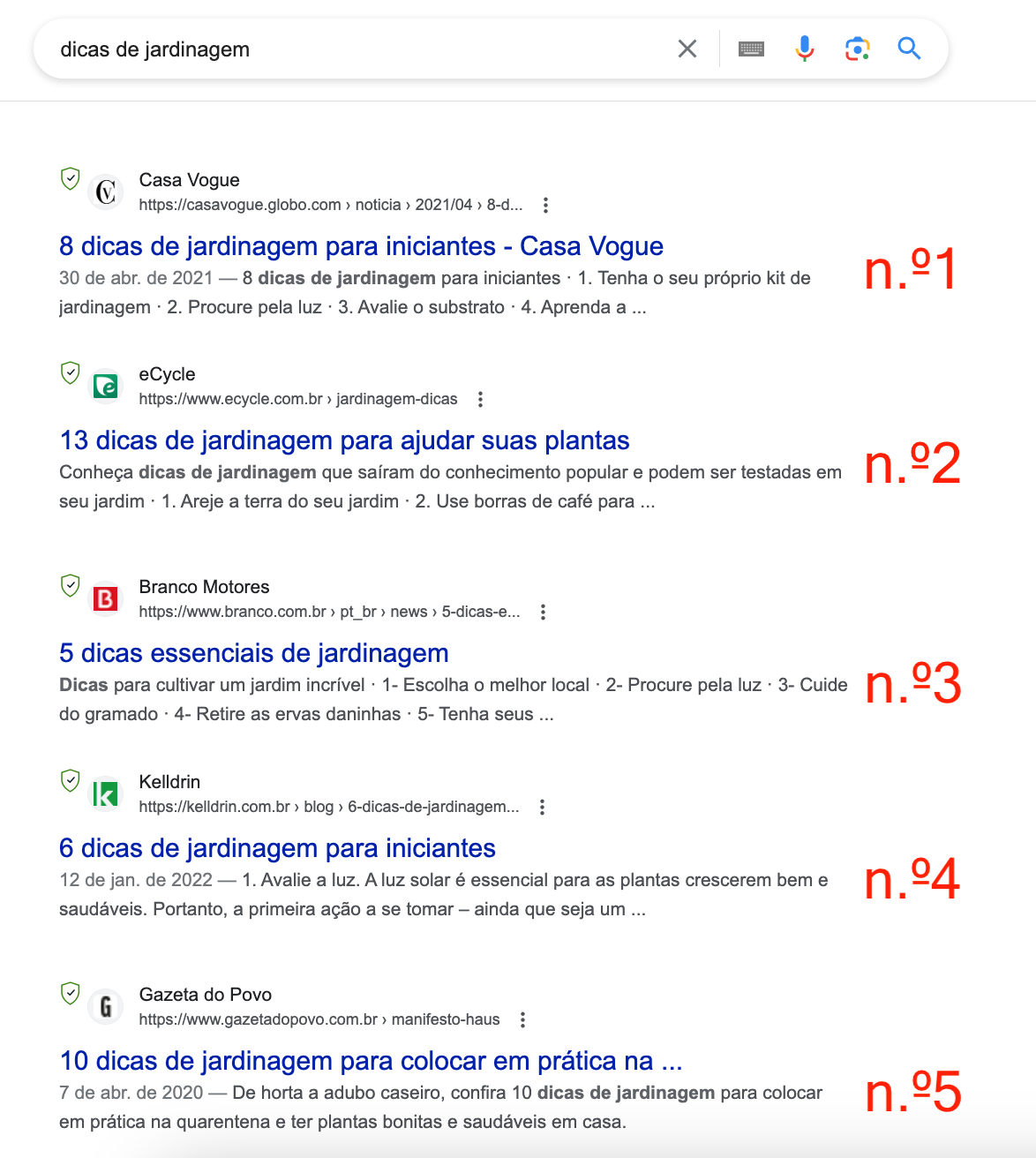 Exemplo de classificações de pesquisa