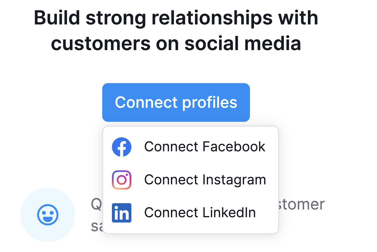 Menu suspenso "Conectar ao Facebook", "Conectar ao Instagram" e "Conectar ao LinkedIn"