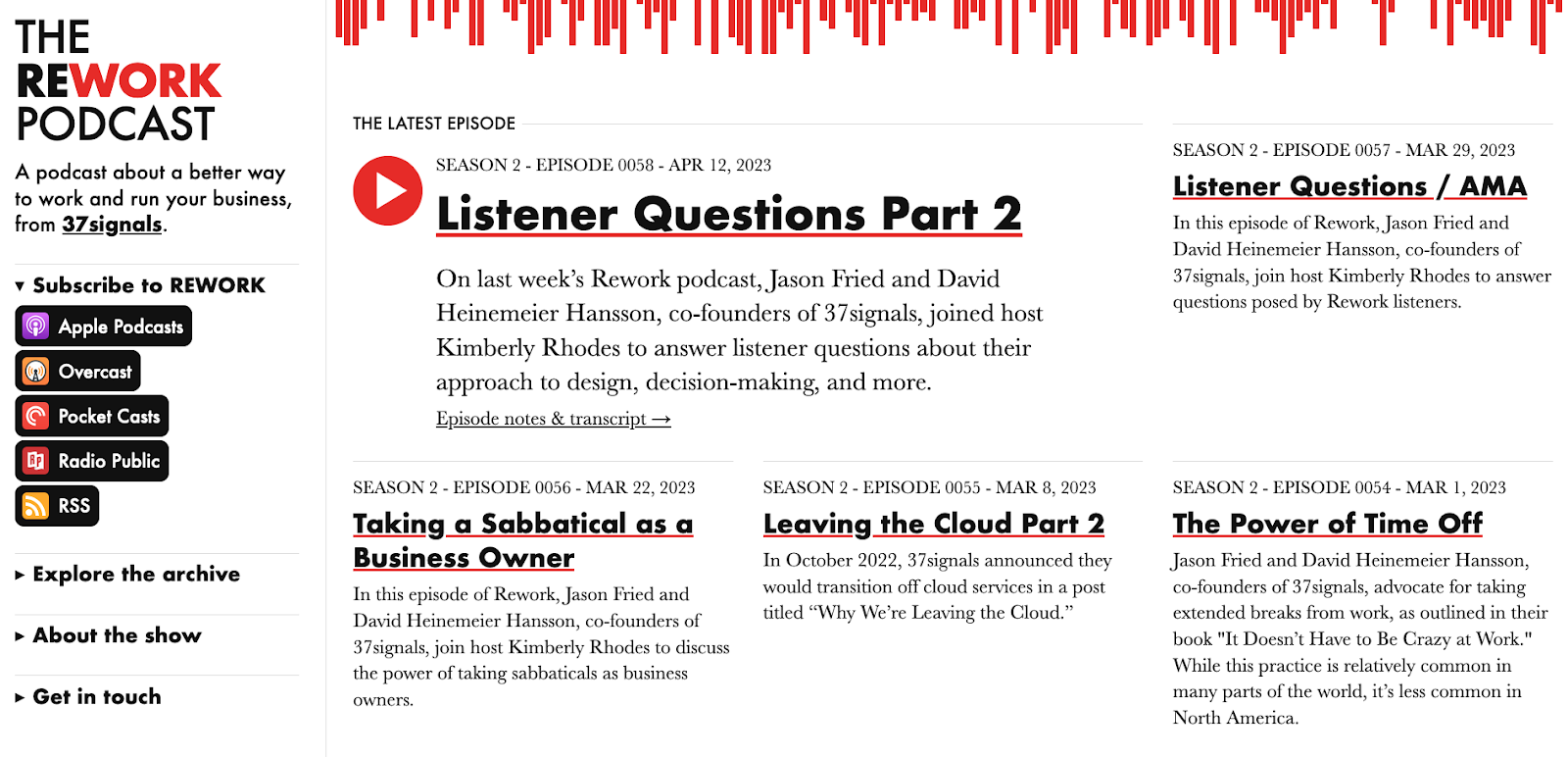 Página de inicio de Rework Podcast