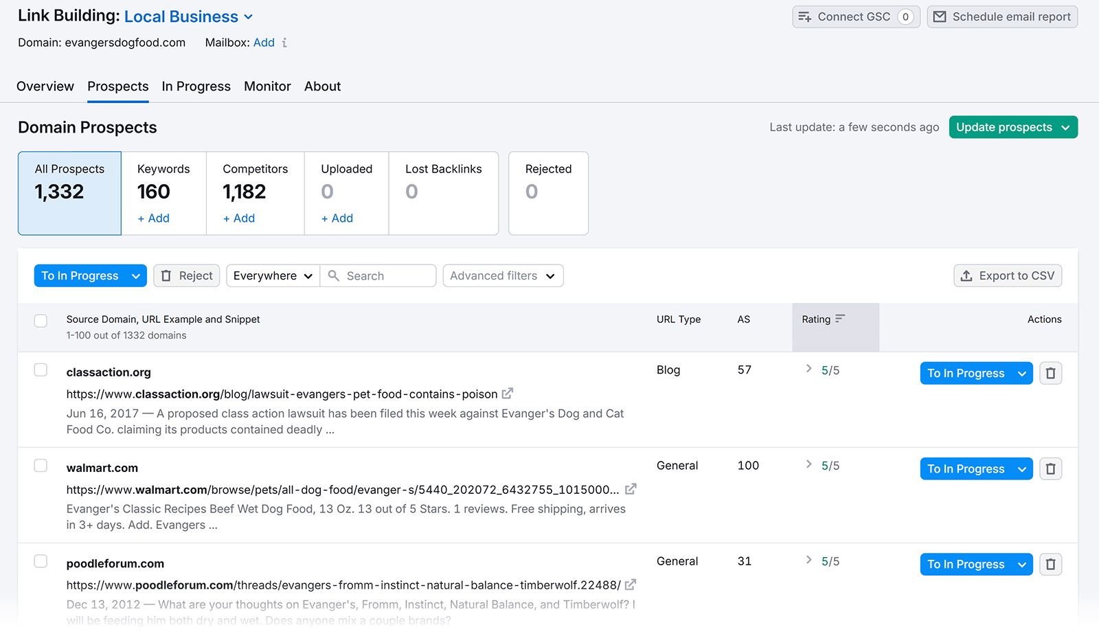 Link building tool screen showing domain prospects list with source domains, URLs, and action buttons