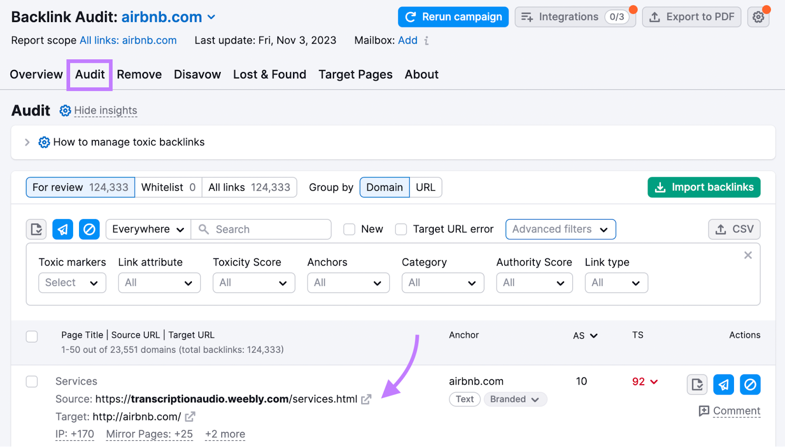Pestaña "Auditoría" en la herramienta de Auditoría de enlaces
