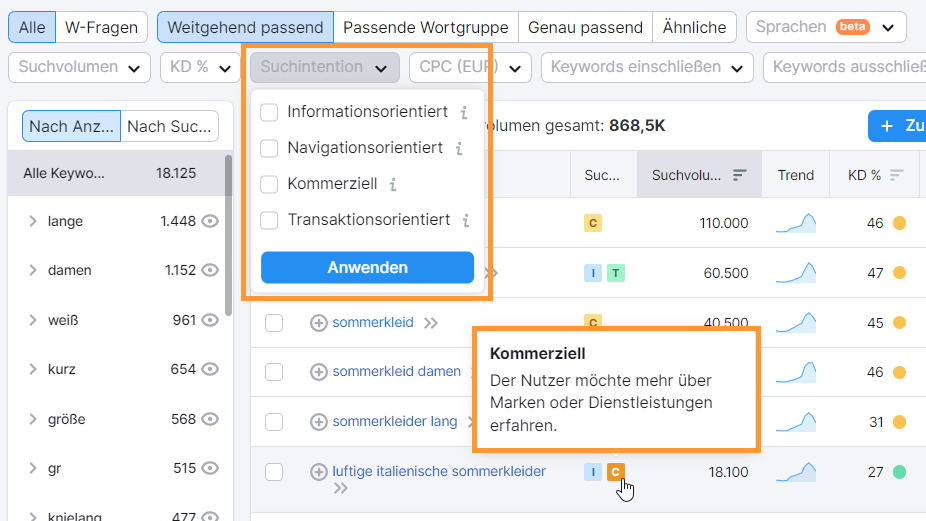 Suchintentionen im Keyword Magic Tool