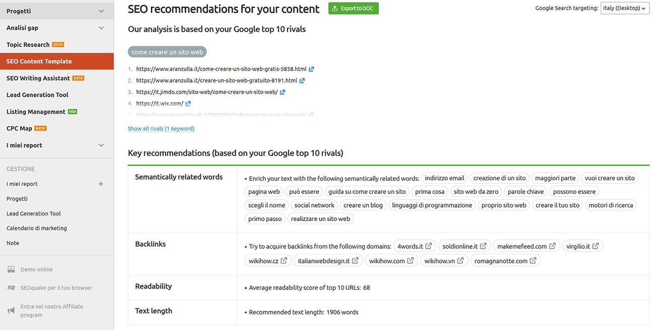 Indicazioni di ottimizzazione di SEO content template
