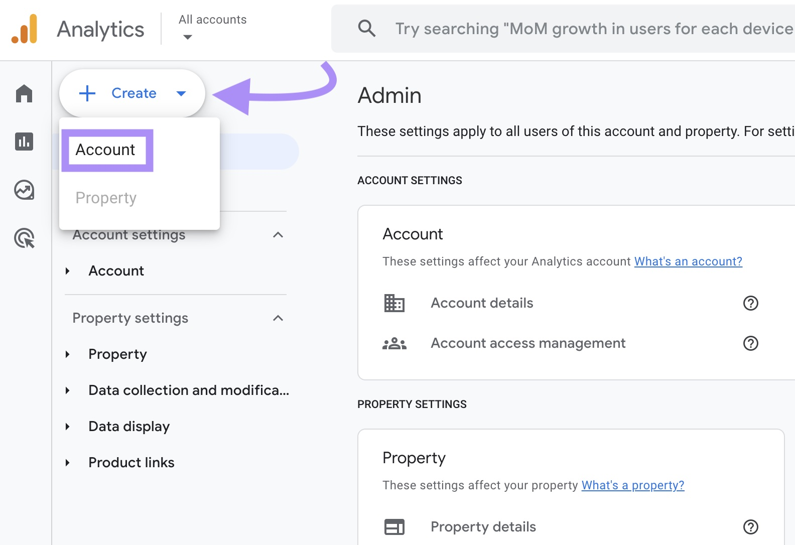 Botón "Crear" pulsado y "Cuenta" seleccionada en Google Analytics.