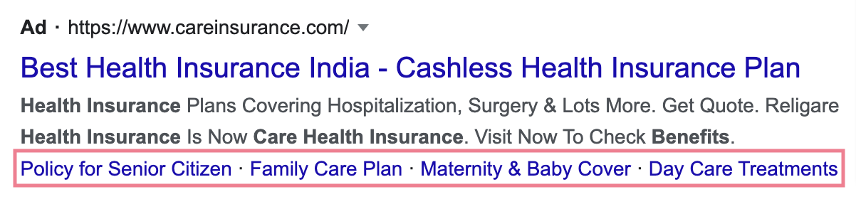 Sitelink per campagne sulla rete di ricerca di una riga
