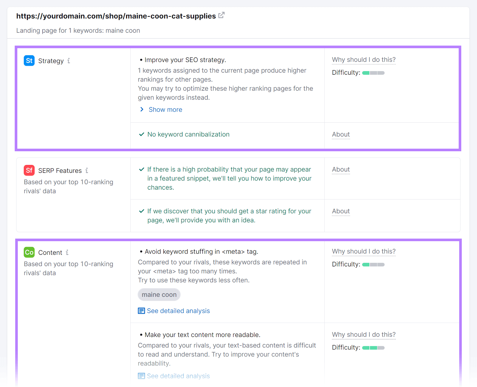 Ideas de optimización para una URL seleccionada, con las categorías de Estrategia y Contenido resaltadas.