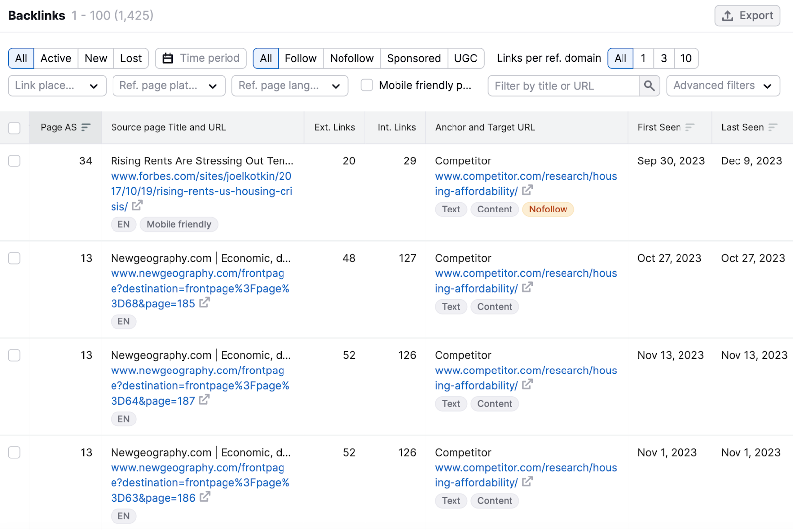 Une liste de tous les backlinks dans l'outil Backlinks