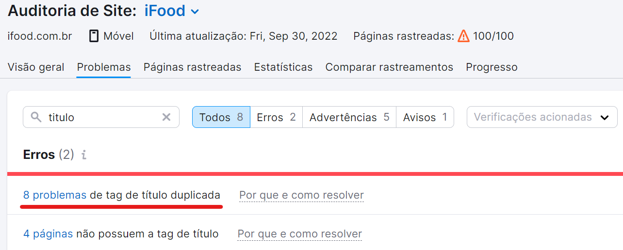 busca por erros de title tag duplicada na ferramenta auditoria de site